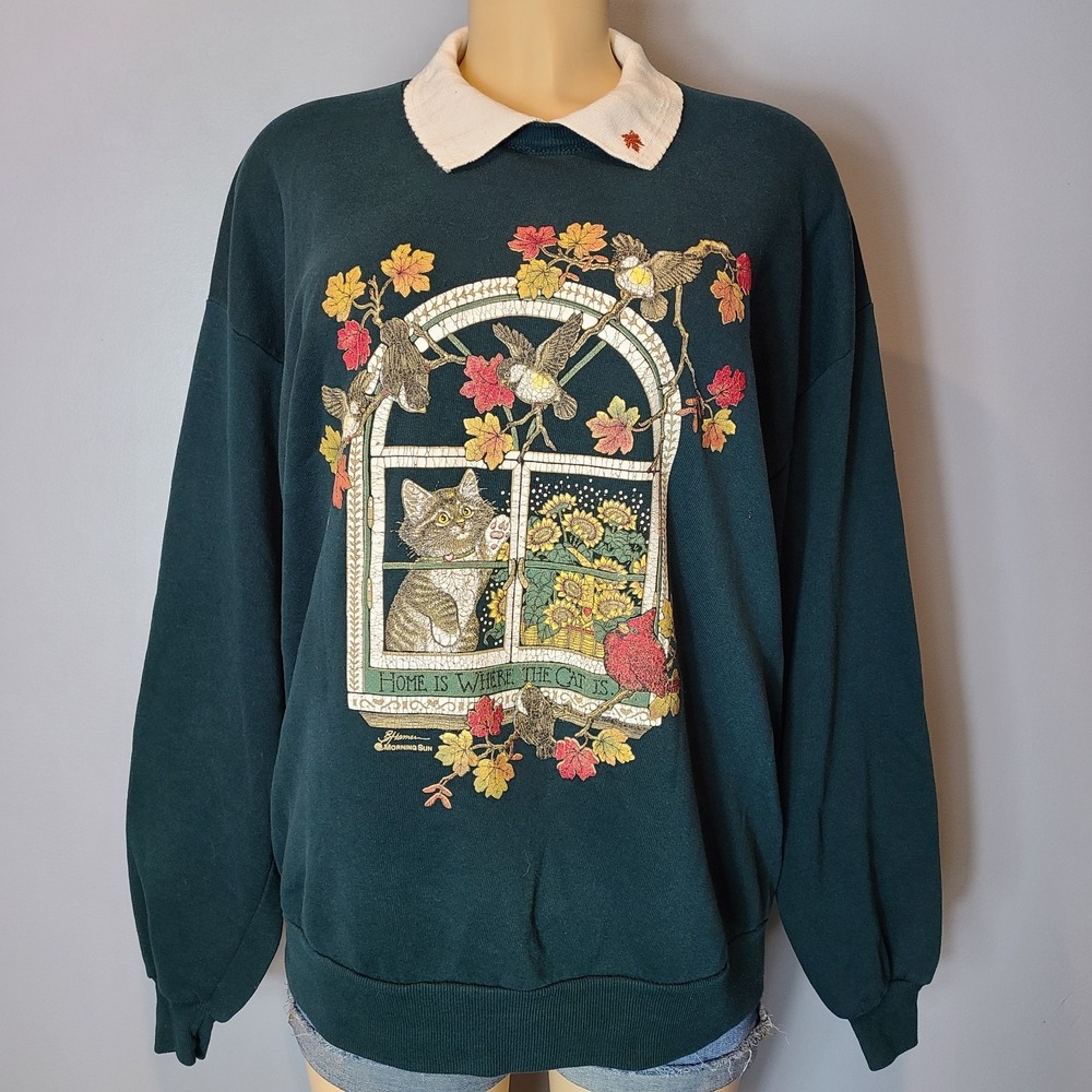 VTG 90s Morning Sun Cat Sweatshirt Collar Sz XL Green Granola Rustic Sunflower